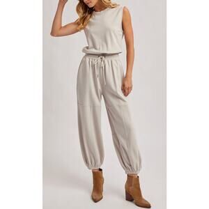 Bluivy Jumpsuit Small Beige Sleeveless Drawstring Waist Jogger Casual NWT